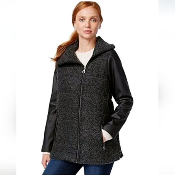 NWT G. H. Bass & Co BLACK Wool Blend and Faux Leather Sleeve Jacket Coat XS - Picture 1 of 1